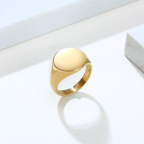 Customized Women Signet Ring, Chunky Round Top Initial Letter Stamp, Stainless Steel Punk Candid Fashion Jewelry Gift To Girls