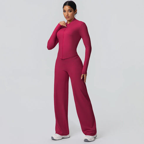 2pieces Quick Drying Sports Fitness Clothing Yoga Set Women Yoga Zipper Long Dleeves High Waisted Breathable Wide Leg Pants Set