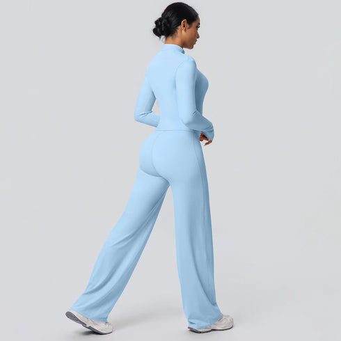 2pieces Quick Drying Sports Fitness Clothing Yoga Set Women Yoga Zipper Long Dleeves High Waisted Breathable Wide Leg Pants Set