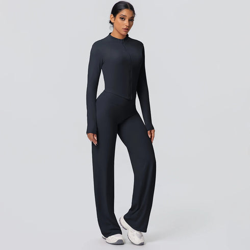 2pieces Quick Drying Sports Fitness Clothing Yoga Set Women Yoga Zipper Long Dleeves High Waisted Breathable Wide Leg Pants Set