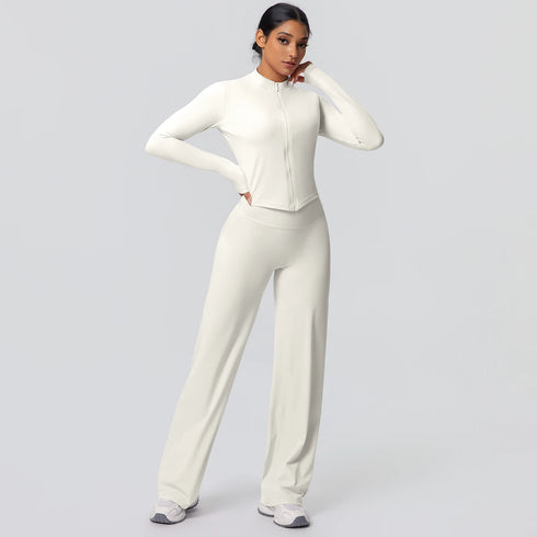 2pieces Quick Drying Sports Fitness Clothing Yoga Set Women Yoga Zipper Long Dleeves High Waisted Breathable Wide Leg Pants Set