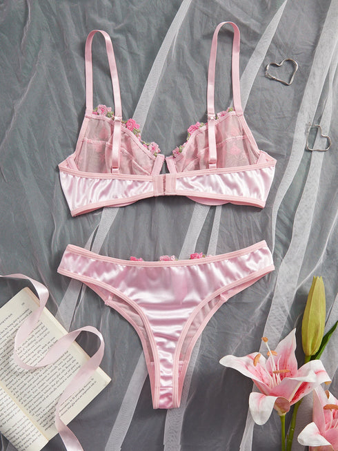 Pink Floral Embroidery Lingerie Set 2PCS Underwired Semi-Sheer Front Closure Back Double Hooks Sexy Underwear for Romantic Occas