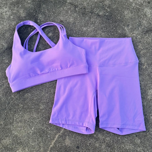 Solid Color High Waist Gym Yoga Short Legging Set Tight Women Cross Back High Impact Shoulder Strap Fitness Bra Top Sportwear