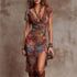 2026 Sexy Deep V Neck Printed Lace Women's Short Sleeve Dresses Summer New Fashion Slim Ruffle Female Party Dress Short Dress