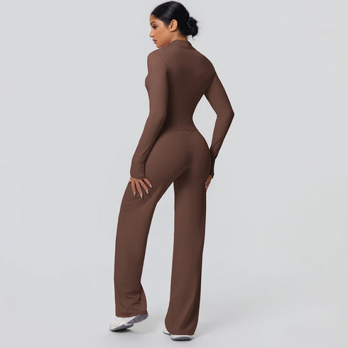 2pieces Quick Drying Sports Fitness Clothing Yoga Set Women Yoga Zipper Long Dleeves High Waisted Breathable Wide Leg Pants Set