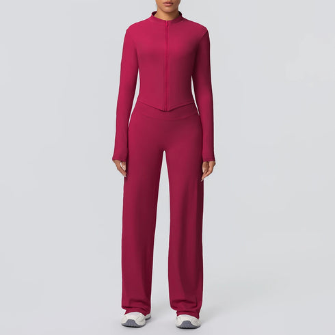 2pieces Quick Drying Sports Fitness Clothing Yoga Set Women Yoga Zipper Long Dleeves High Waisted Breathable Wide Leg Pants Set