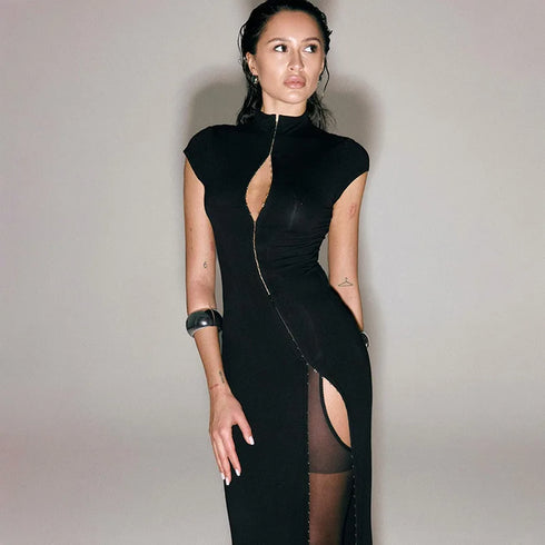 Black High Slit Dresses Half Turtleneck Zipper Slim Hip-Wrapped Long skirt Sexy Hot Girl Nightclub Dress For Women Streetwear