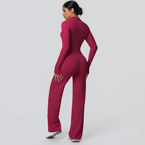 2pieces Quick Drying Sports Fitness Clothing Yoga Set Women Yoga Zipper Long Dleeves High Waisted Breathable Wide Leg Pants Set
