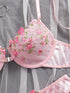 Pink Floral Embroidery Lingerie Set 2PCS Underwired Semi-Sheer Front Closure Back Double Hooks Sexy Underwear for Romantic Occas