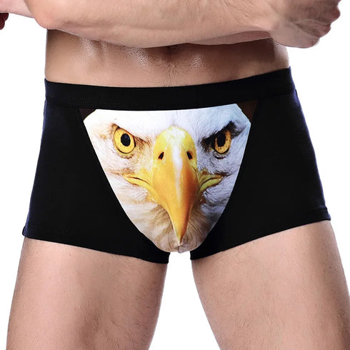 Men's Unique 3D Printed Wolf Eagle Head Flat Angle Pants Mid-waist Boxer Shorts Breathable Knitted Modal Fabric