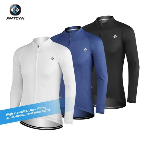 XINTOWN Men's Long Sleeve Cycling Jersey, Spring/Summer Racing Apparel, Export Bicycle Clothing, Solid Color Long Top
