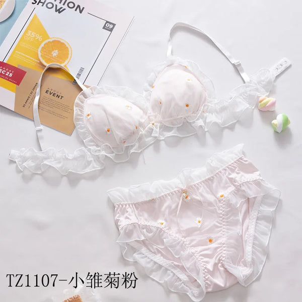 Female embroidered bow lingerie briefs set Japanese sweet bra set triangle cup without steel ring bra student underwear