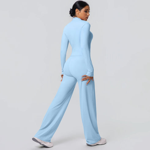 2pieces Quick Drying Sports Fitness Clothing Yoga Set Women Yoga Zipper Long Dleeves High Waisted Breathable Wide Leg Pants Set