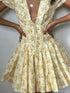Vintage Floral Print Yellow Pleated Mini Dress Women Summer Puff Sleeve V Neck Party Beach Dresses Elegant Chic Y2K Vestidos