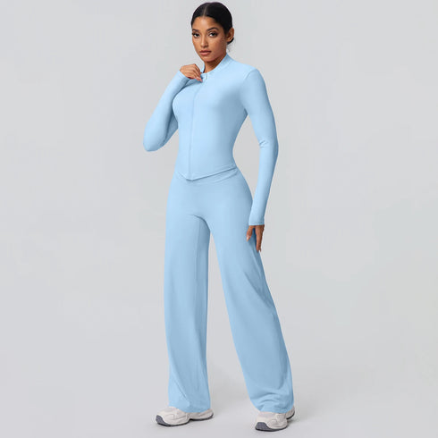 2pieces Quick Drying Sports Fitness Clothing Yoga Set Women Yoga Zipper Long Dleeves High Waisted Breathable Wide Leg Pants Set