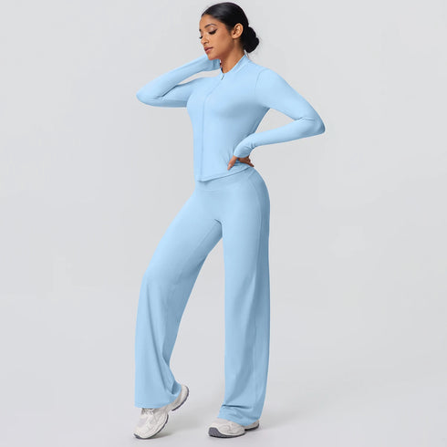 2pieces Quick Drying Sports Fitness Clothing Yoga Set Women Yoga Zipper Long Dleeves High Waisted Breathable Wide Leg Pants Set