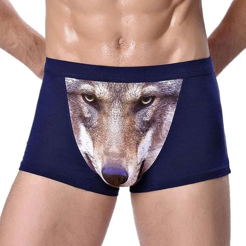 Men's Unique 3D Printed Wolf Eagle Head Flat Angle Pants Mid-waist Boxer Shorts Breathable Knitted Modal Fabric