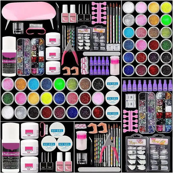 58pcs/Set Fashion Nail Sets Art Tools A Full Set Professional Nail 42-color Crystal Powder Press on Nail Polish Glue Tools Kits