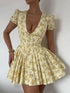 Vintage Floral Print Yellow Pleated Mini Dress Women Summer Puff Sleeve V Neck Party Beach Dresses Elegant Chic Y2K Vestidos