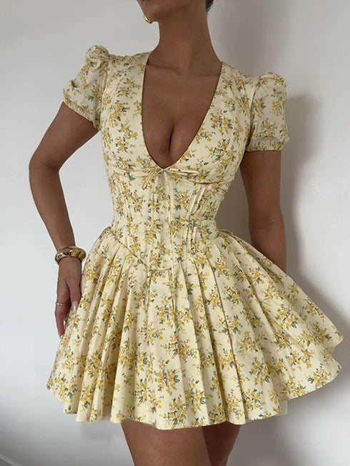 Vintage Floral Print Yellow Pleated Mini Dress Women Summer Puff Sleeve V Neck Party Beach Dresses Elegant Chic Y2K Vestidos