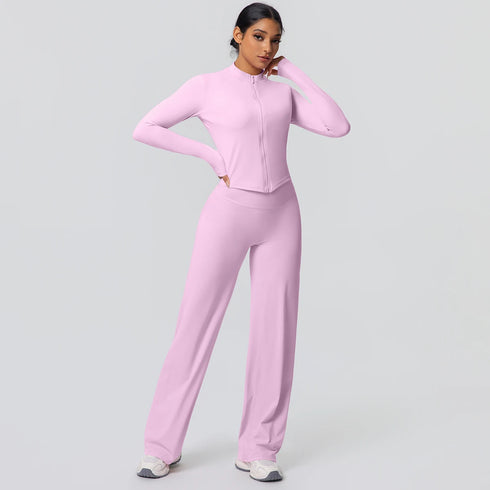 2pieces Quick Drying Sports Fitness Clothing Yoga Set Women Yoga Zipper Long Dleeves High Waisted Breathable Wide Leg Pants Set