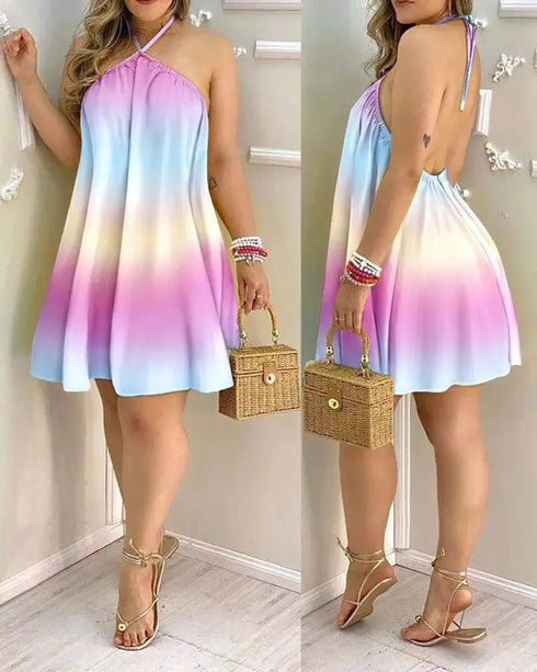 Floral Print Halter Neck Dress Boho Backless Halter Dress For Spring Summer Women's Clothing