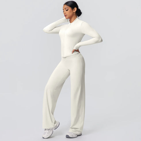 2pieces Quick Drying Sports Fitness Clothing Yoga Set Women Yoga Zipper Long Dleeves High Waisted Breathable Wide Leg Pants Set
