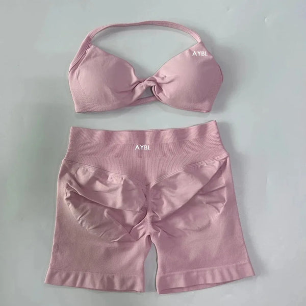 AYBL 2PCS Yoga Set Gym Set Women Strappy Yoga Bra Top High Waist Workout Scrunch Shorts Sports Suit Seamless Yoga Set Fitness