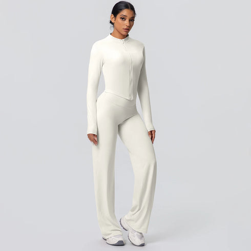 2pieces Quick Drying Sports Fitness Clothing Yoga Set Women Yoga Zipper Long Dleeves High Waisted Breathable Wide Leg Pants Set