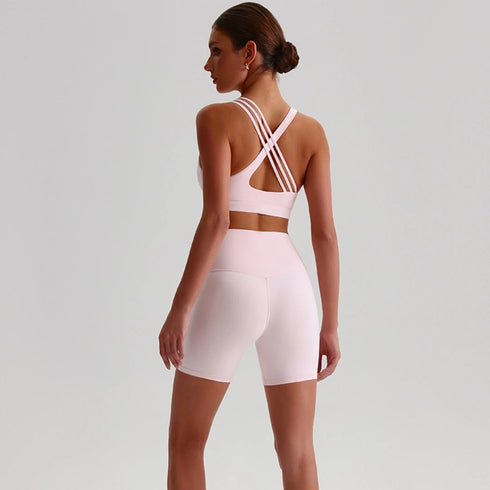 Solid Color High Waist Gym Yoga Short Legging Set Tight Women Cross Back High Impact Shoulder Strap Fitness Bra Top Sportwear