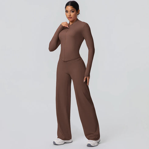 2pieces Quick Drying Sports Fitness Clothing Yoga Set Women Yoga Zipper Long Dleeves High Waisted Breathable Wide Leg Pants Set