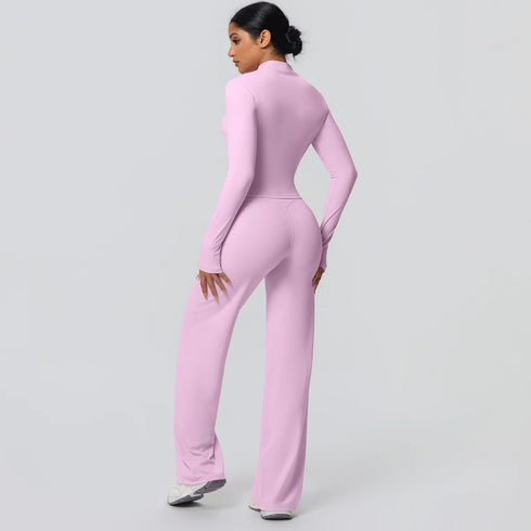 2pieces Quick Drying Sports Fitness Clothing Yoga Set Women Yoga Zipper Long Dleeves High Waisted Breathable Wide Leg Pants Set