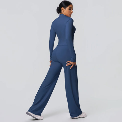 2pieces Quick Drying Sports Fitness Clothing Yoga Set Women Yoga Zipper Long Dleeves High Waisted Breathable Wide Leg Pants Set