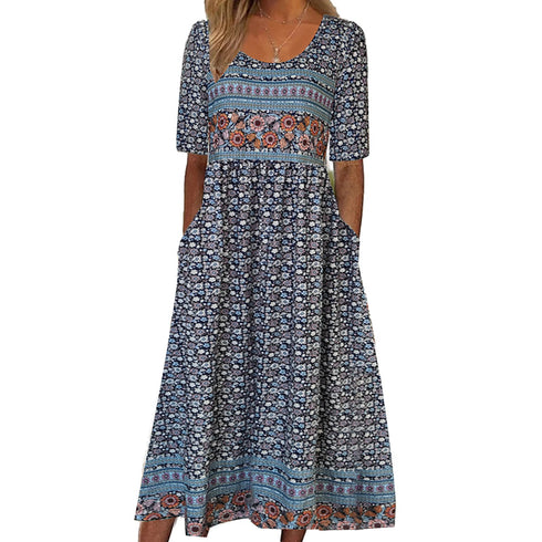 2025 summer new women's Bohemia loose fashion print round neck short sleeve long dress