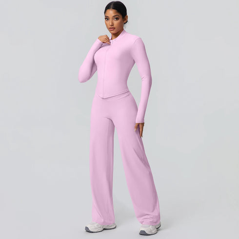 2pieces Quick Drying Sports Fitness Clothing Yoga Set Women Yoga Zipper Long Dleeves High Waisted Breathable Wide Leg Pants Set