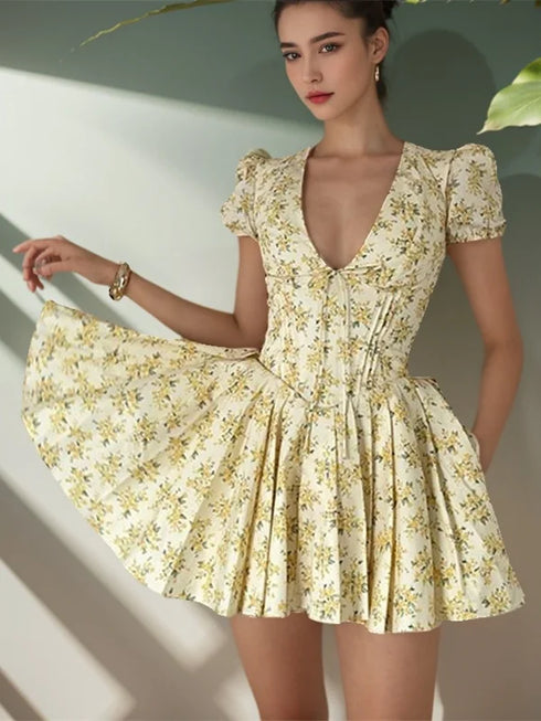 Vintage Floral Print Yellow Pleated Mini Dress Women Summer Puff Sleeve V Neck Party Beach Dresses Elegant Chic Y2K Vestidos