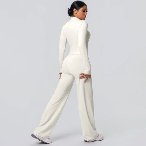 2pieces Quick Drying Sports Fitness Clothing Yoga Set Women Yoga Zipper Long Dleeves High Waisted Breathable Wide Leg Pants Set