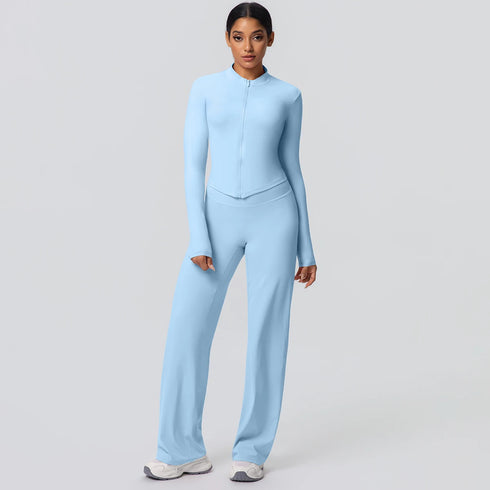 2pieces Quick Drying Sports Fitness Clothing Yoga Set Women Yoga Zipper Long Dleeves High Waisted Breathable Wide Leg Pants Set