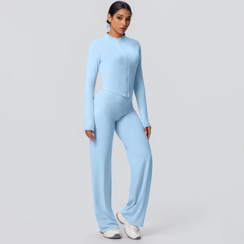 2pieces Quick Drying Sports Fitness Clothing Yoga Set Women Yoga Zipper Long Dleeves High Waisted Breathable Wide Leg Pants Set