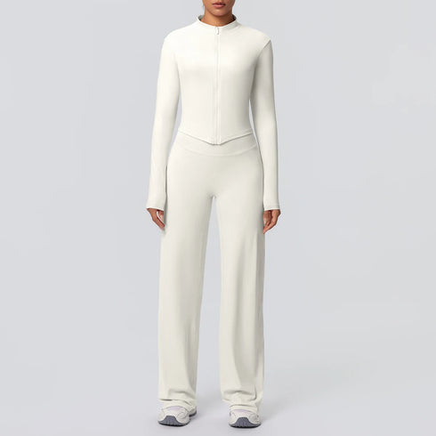 2pieces Quick Drying Sports Fitness Clothing Yoga Set Women Yoga Zipper Long Dleeves High Waisted Breathable Wide Leg Pants Set