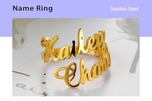 Custom Double First Name Finger Ring For Women Men Personalized Couple Family Gift Gold Color Stainless Steel Metal Jewelry
