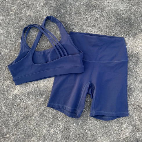 Solid Color High Waist Gym Yoga Short Legging Set Tight Women Cross Back High Impact Shoulder Strap Fitness Bra Top Sportwear
