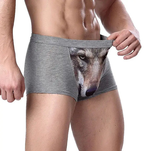 Men's Unique 3D Printed Wolf Eagle Head Flat Angle Pants Mid-waist Boxer Shorts Breathable Knitted Modal Fabric