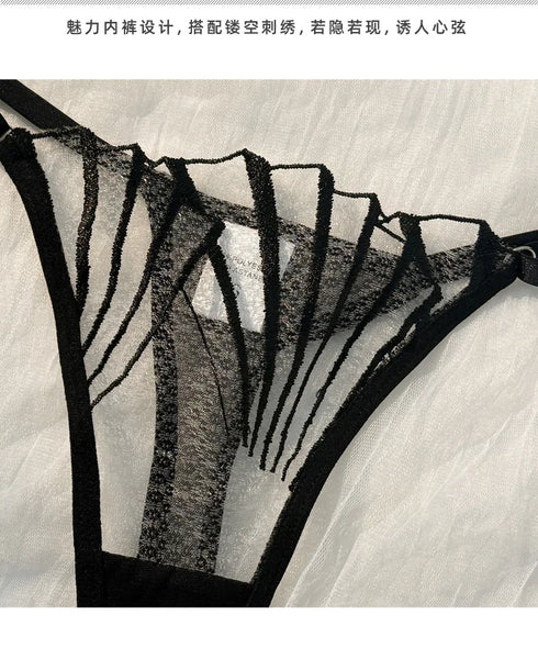Black Lace Lingerie Set – Sheer Eyelash Mesh Push-Up Bra and Panty with Triangle Cup Design