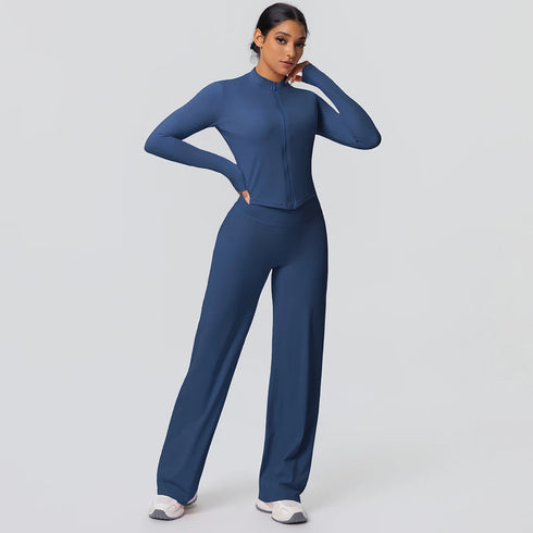 2pieces Quick Drying Sports Fitness Clothing Yoga Set Women Yoga Zipper Long Dleeves High Waisted Breathable Wide Leg Pants Set