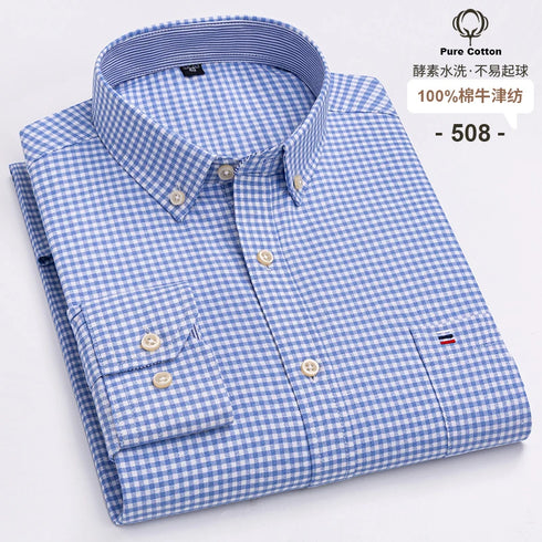 100% Cotton Oxford Men's Shirts Long Sleeves Plaid Soft Regular Fit Formal Dress Shirt Pocket Social Blouse Male Clothes S-7XL
