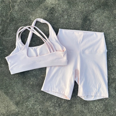 Solid Color High Waist Gym Yoga Short Legging Set Tight Women Cross Back High Impact Shoulder Strap Fitness Bra Top Sportwear