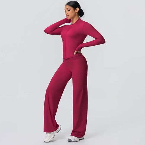 2pieces Quick Drying Sports Fitness Clothing Yoga Set Women Yoga Zipper Long Dleeves High Waisted Breathable Wide Leg Pants Set