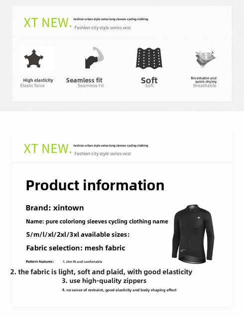 XINTOWN Men's Long Sleeve Cycling Jersey, Spring/Summer Racing Apparel, Export Bicycle Clothing, Solid Color Long Top
