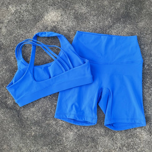 Solid Color High Waist Gym Yoga Short Legging Set Tight Women Cross Back High Impact Shoulder Strap Fitness Bra Top Sportwear